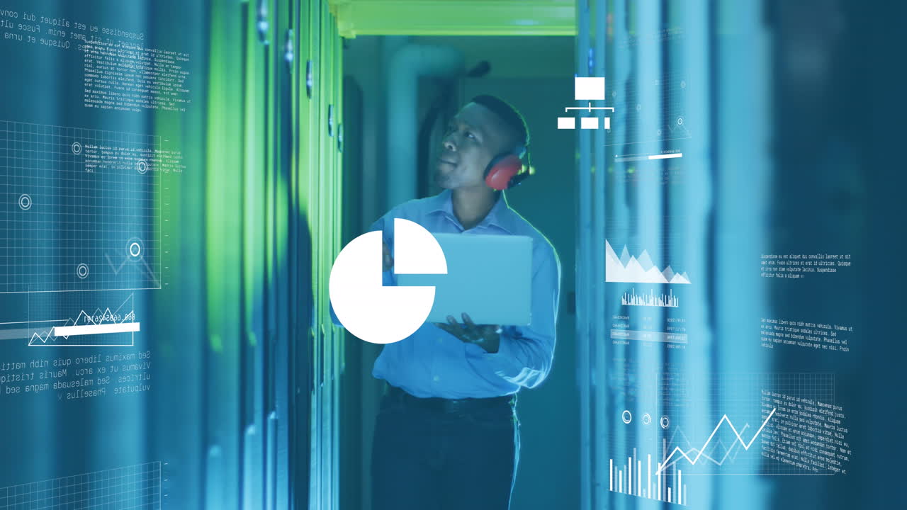 Animation of data processing over african american male it technician working by computer servers