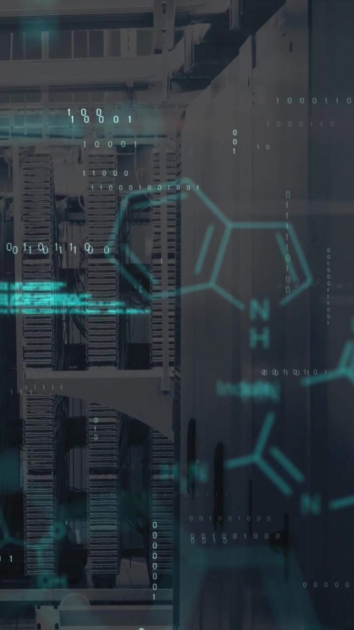 Animation of data processing and chemical formula over server room