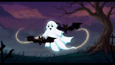 a playful ghost dances amidst the night sky, surrounded by fluttering bats and sparkling magic, creating an enchanting and whimsical atmosphere in a spooky landscape