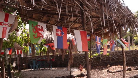 a collection of international flags hanging from a thatched roof in a tropical setting