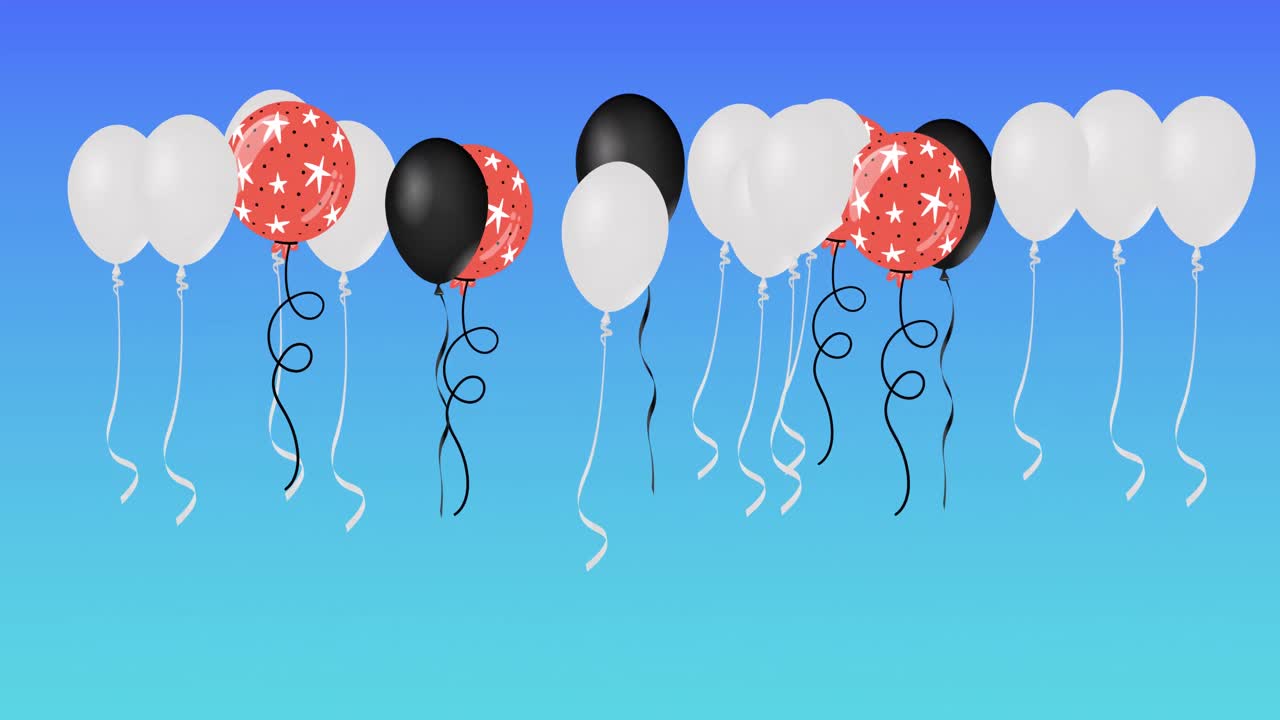 Animazione di palloncini rossi, bianchi e neri che rimbalzano su sfondo blu