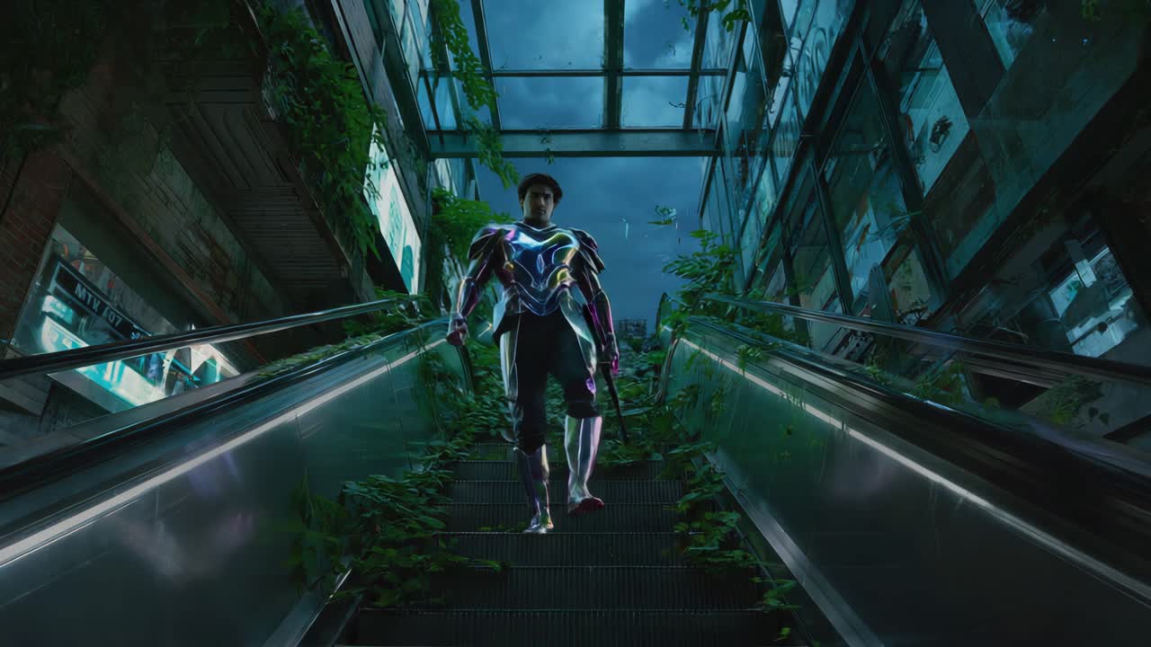 Futuristic person on an overgrown escalator