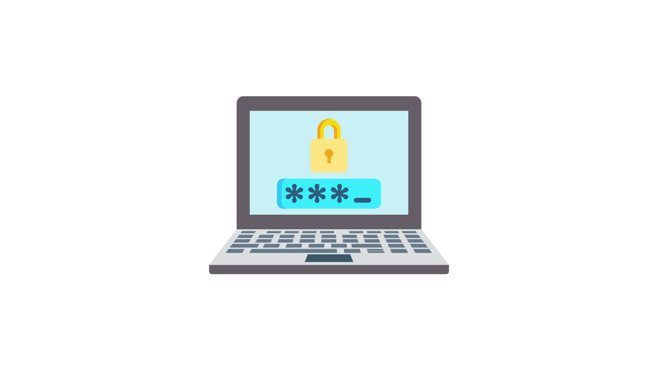 Animierter Laptop-Bildschirm zeigt Passworteingabe und Sicherheitsschloss