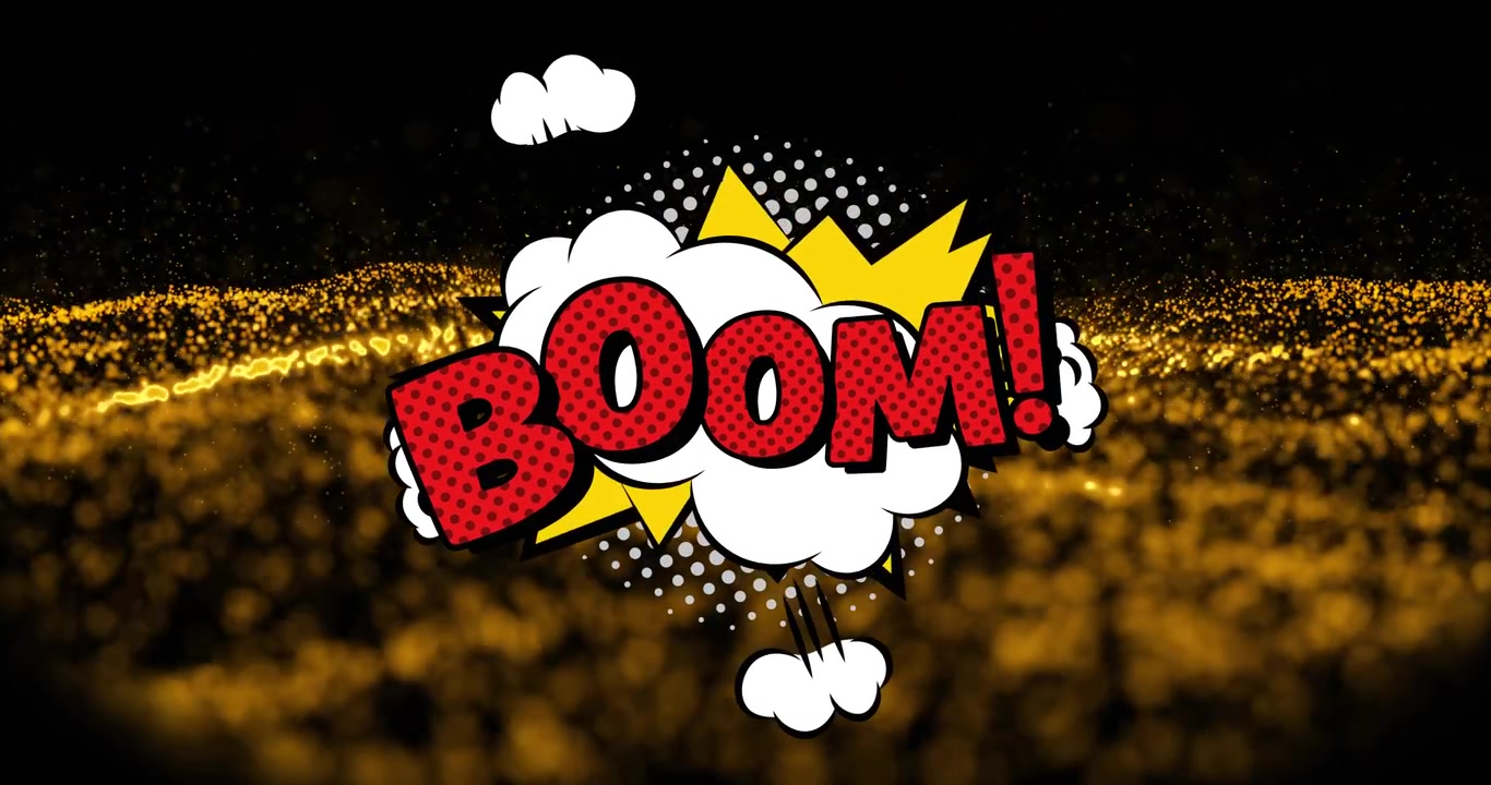 Animation af "boom" tekst over orange prikker på sort baggrund