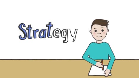 Animation-of-strategy-text-in-blue-and-schoolboy-writing-on-white-background