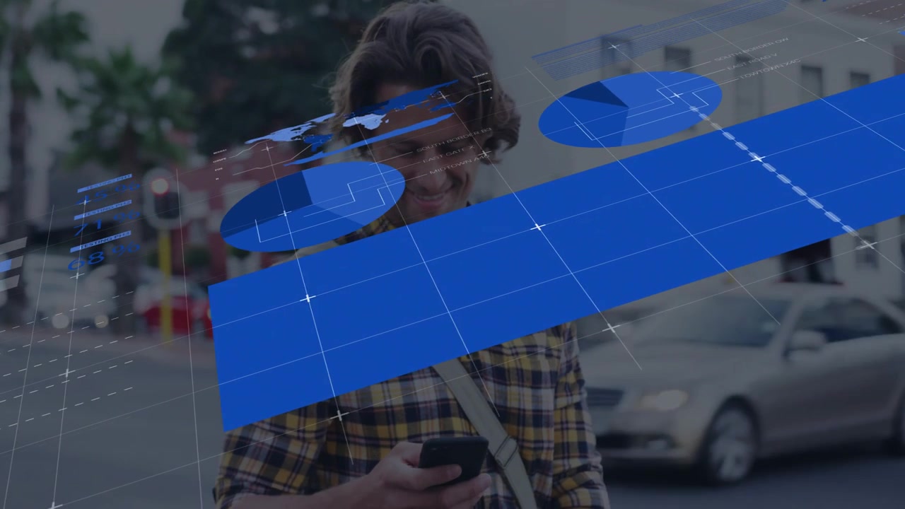 Young Man Using Smartphone with Digital Data Overlay on City Street
