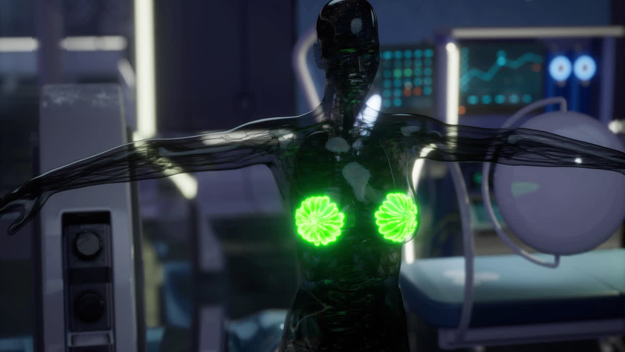 Mammary glands shown in a futuristic glowing medical setting