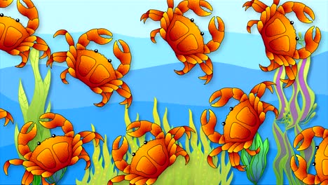 red crabs swim horizontally rotating and moving claws