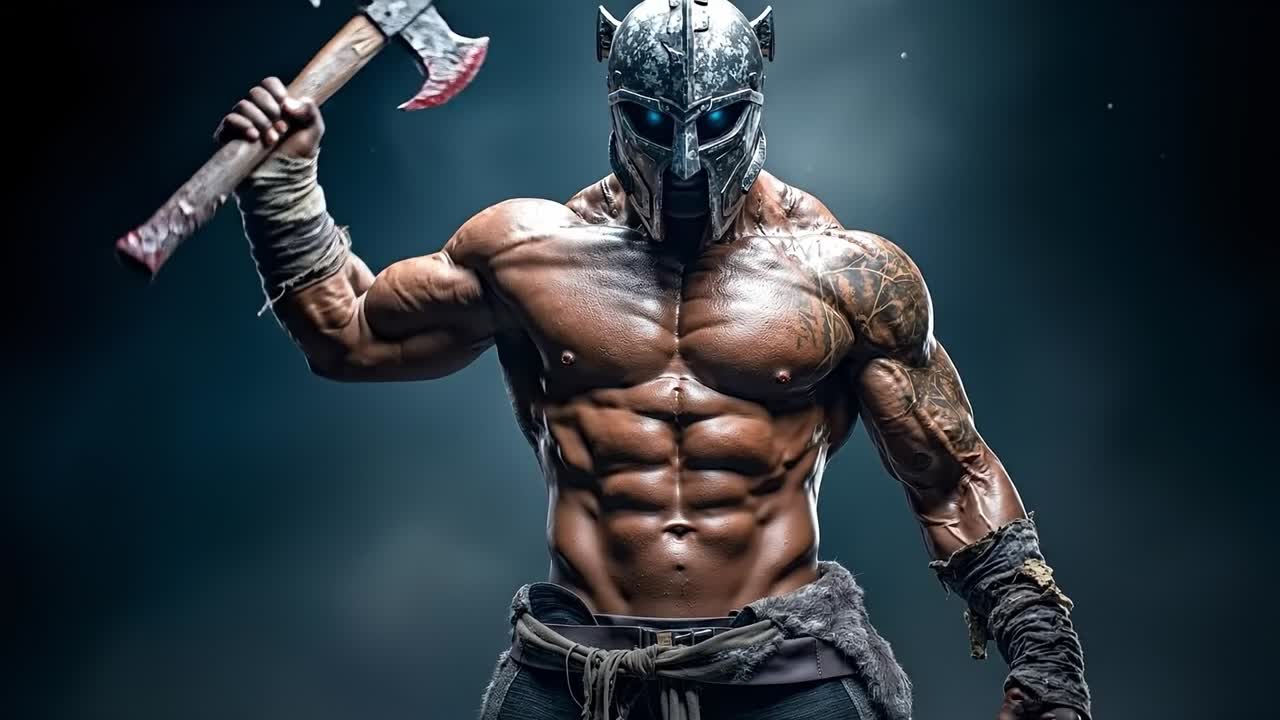 A man in a viking costume holding an axe in his hand