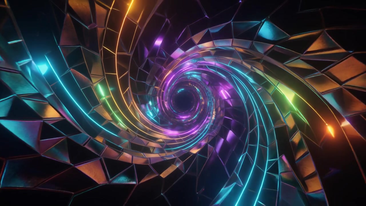 Abstract Neon Geometric Tunnel Rotating in Dark Space