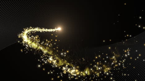 animation of sparkling gold firework over white parallel curved lines, moving on black