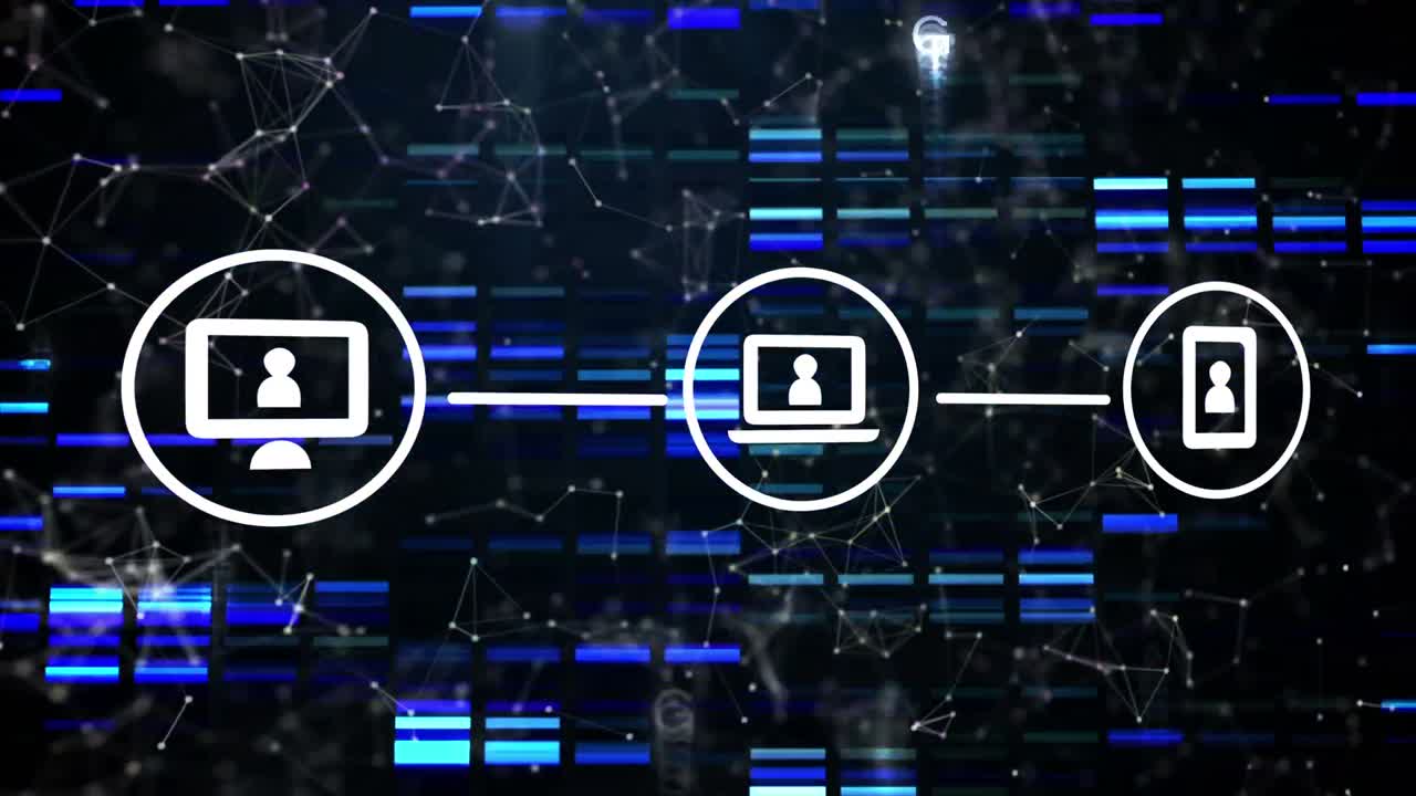 Animation of tech icons, lights and black background