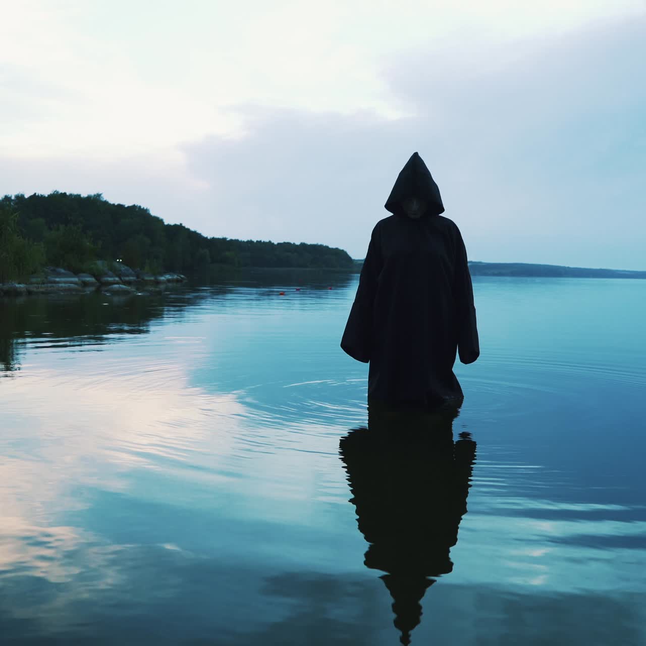 Scary figure in black mantle in the river. Halloween costume.