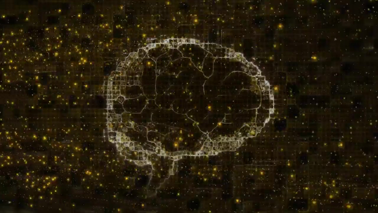Anello frattale bianco visualizzato in una scena a griglia digitale, con particelle dorate illuminate che scivolano intorno