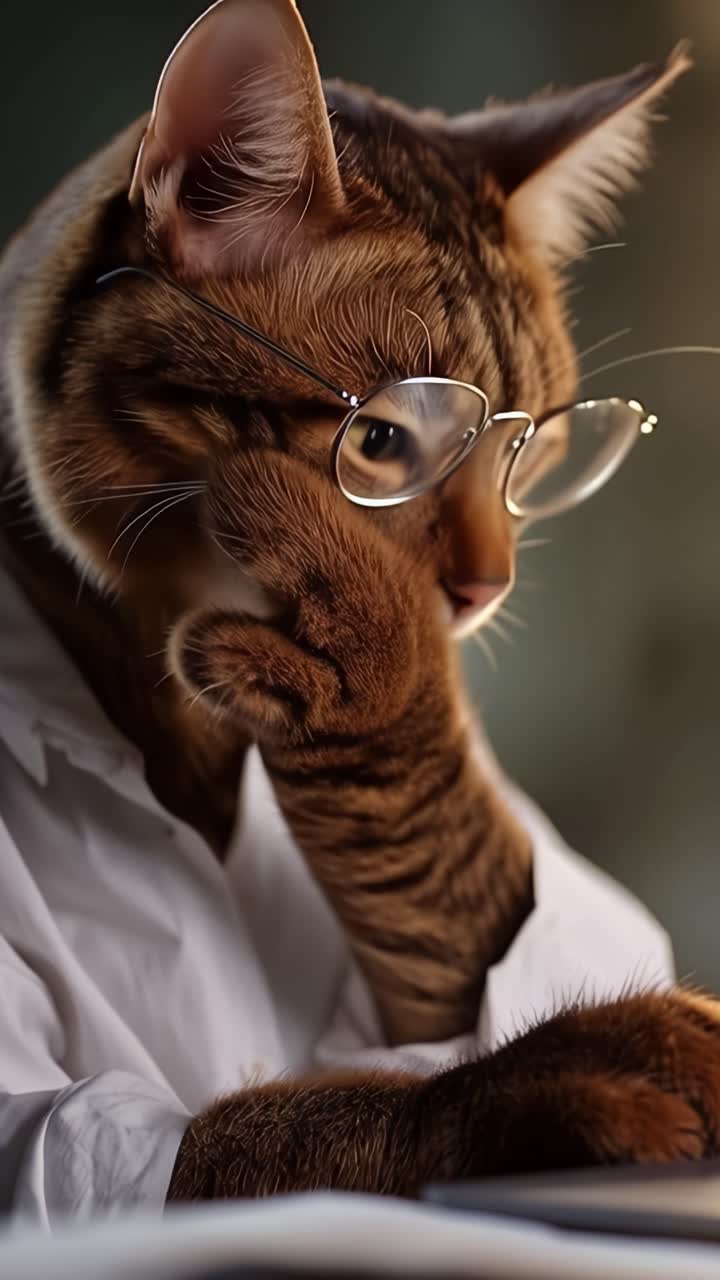 Un gatto pensieroso, che indossa occhiali e una camicia bianca, sembra profondamente concentrato mentre è seduto a un tavolo, incarnando un'aria intellettuale.