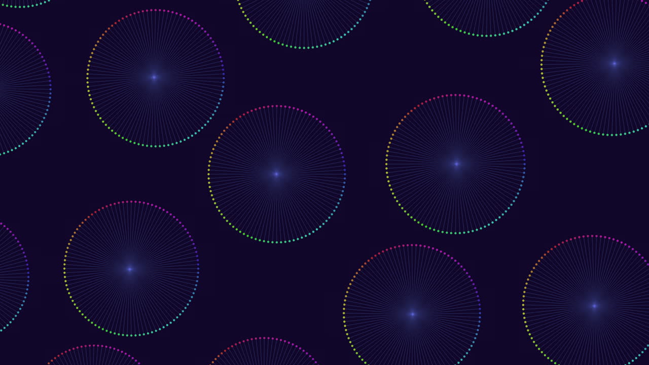 검정 그라데이션에 네온 무지개 점이 있는 미래 원형 패턴