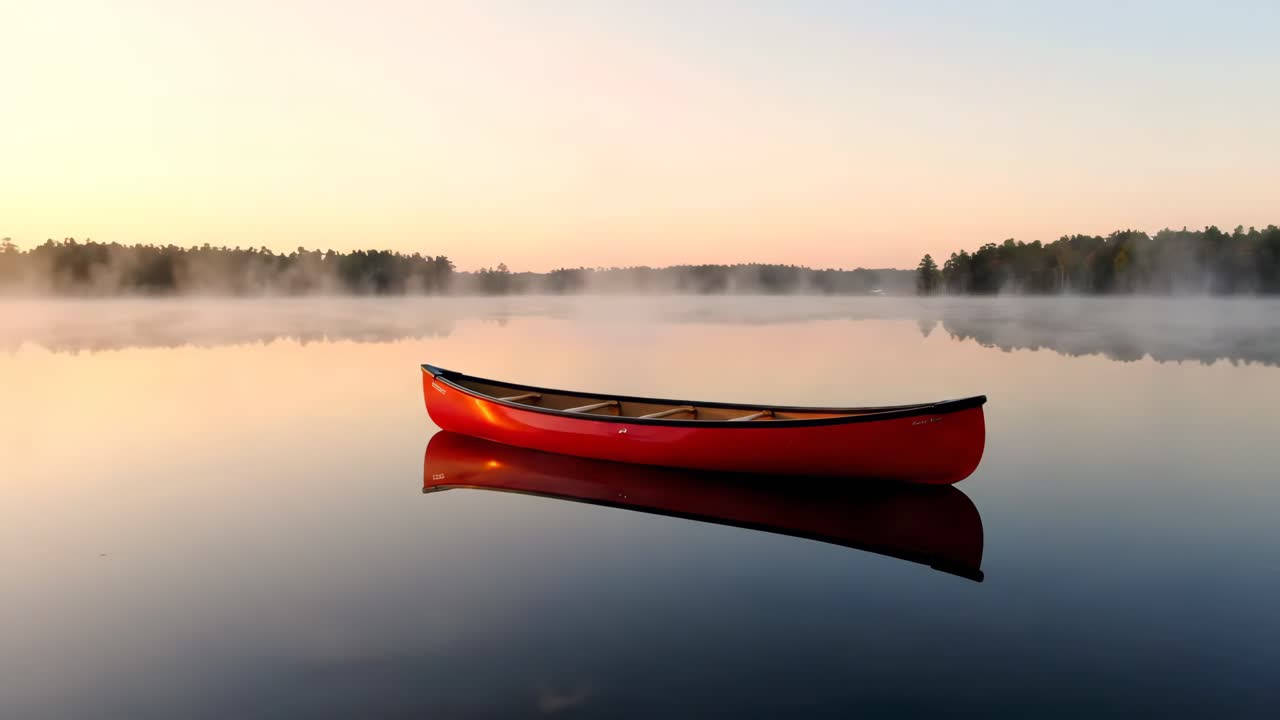 Canoa rossa su lago nebbioso all'alba