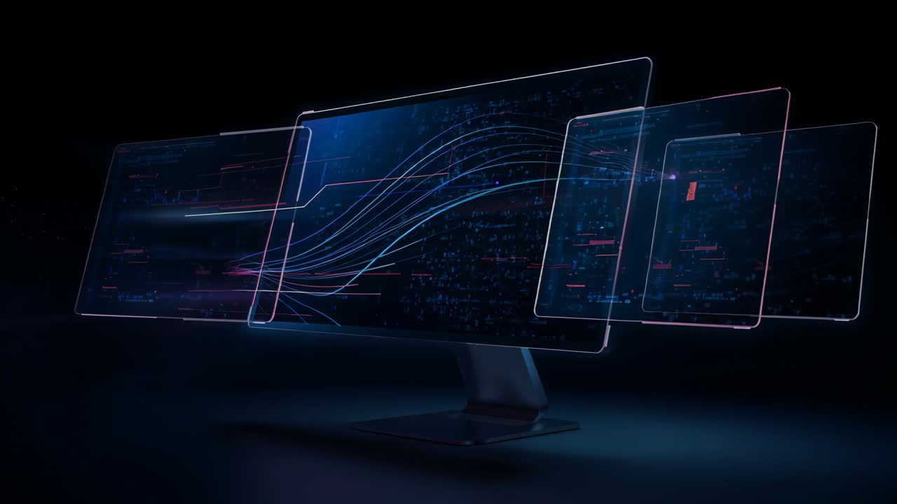 Animating widescreen tri-panel monitor on dark stage as left data ribbons routing showing layers