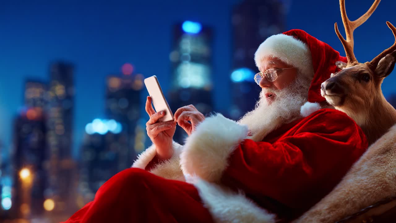 Cozy and Festive Holiday Scene Featuring a Jolly Santa Claus Using a Smartphone While Sitting Next to a Reindeer with a Dazzling City Skyline in the Background at Night