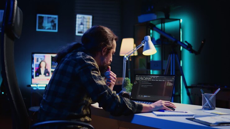 Programmer writes code on laptop screen while in apartment office using Java