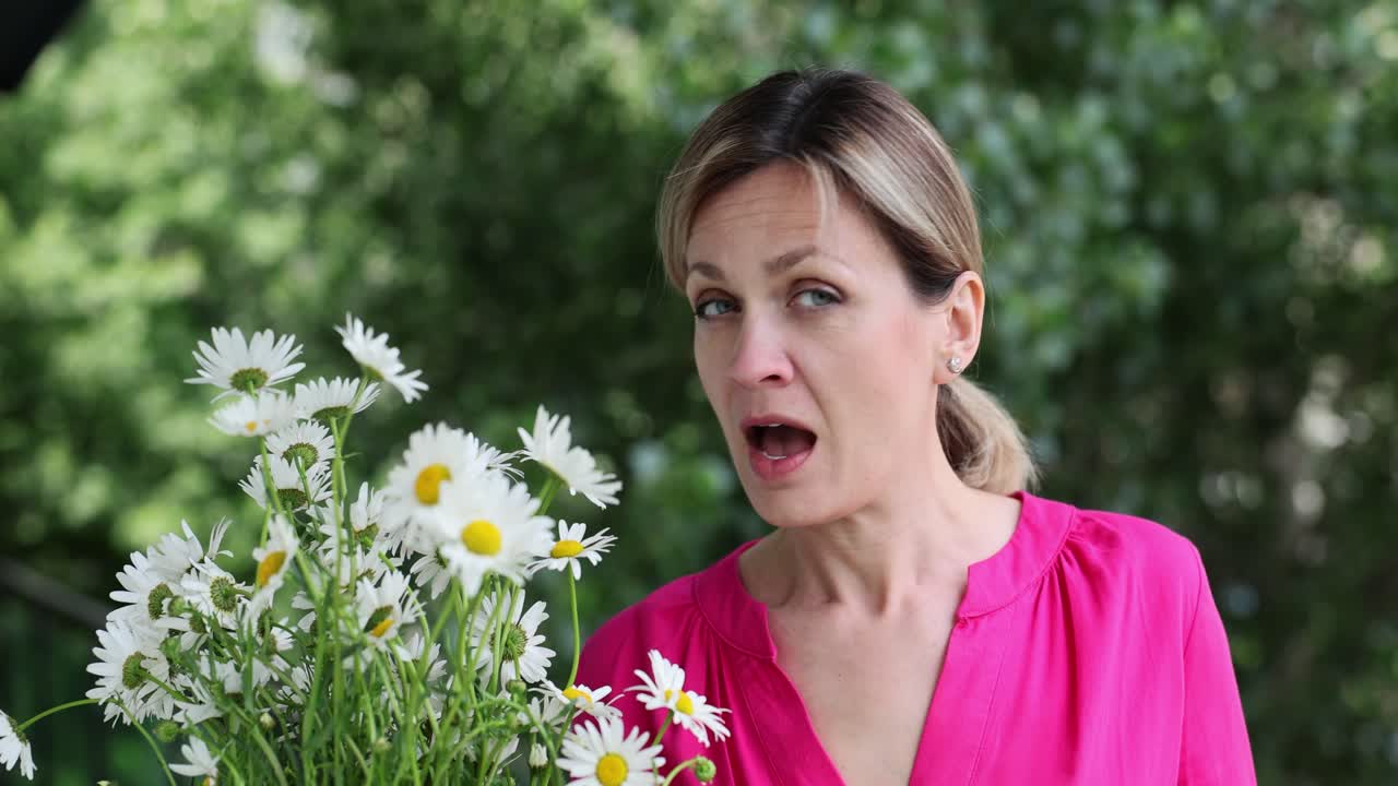 Woman with allergies sneezing into a tissue near daisies
