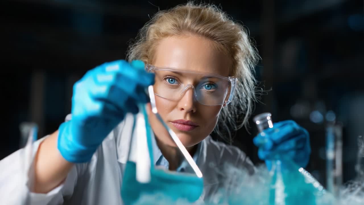 Chemist Conducting Experiments in Laboratory with Blue Solutions, Engaged in Scientific Research and Discovery Using Glassware