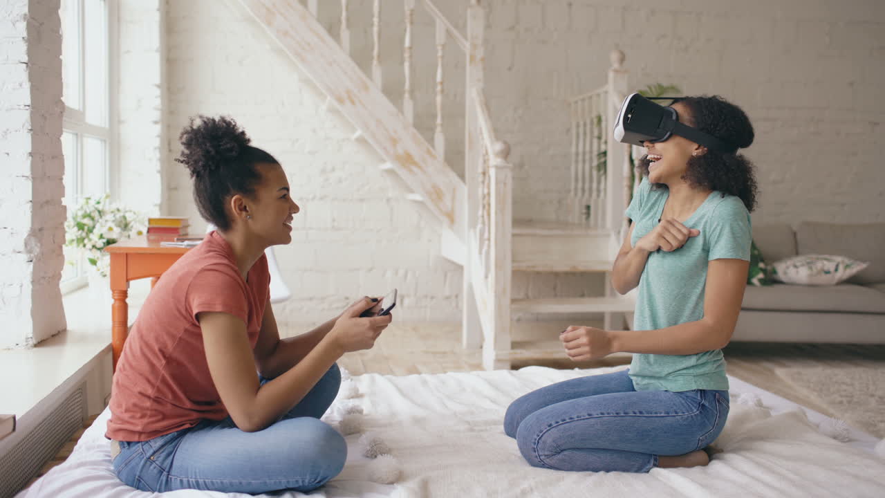 Two Girls Playing VR Game at Home