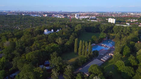 wonderful aerial top view flight berlin city public swimming pool germany in europe, summer day 2023