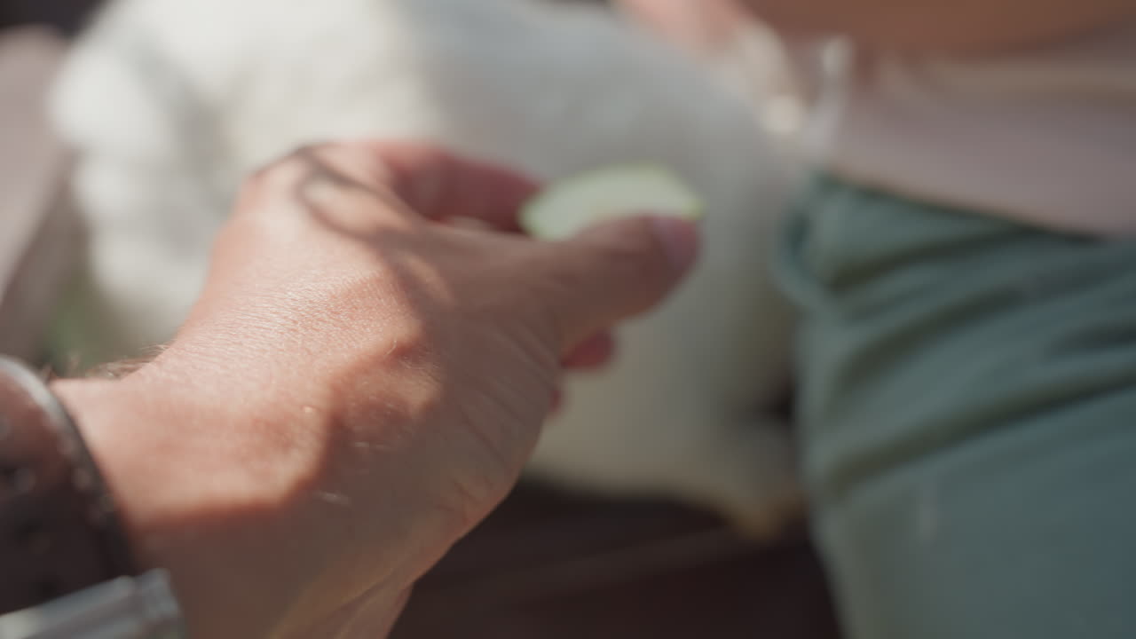 Kid Offers Apple To Pet, Child Lovingly Feeds Apple Piece To Adorable White Rabbit In Garden, Young Child Softly Offers Slice Of Apple To Gentle White Rabbit Sitting On Wooden Bench In Garden