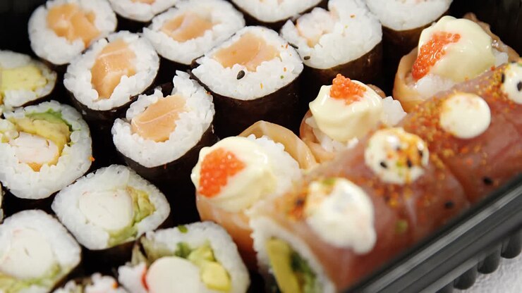 Tray of assorted sushi