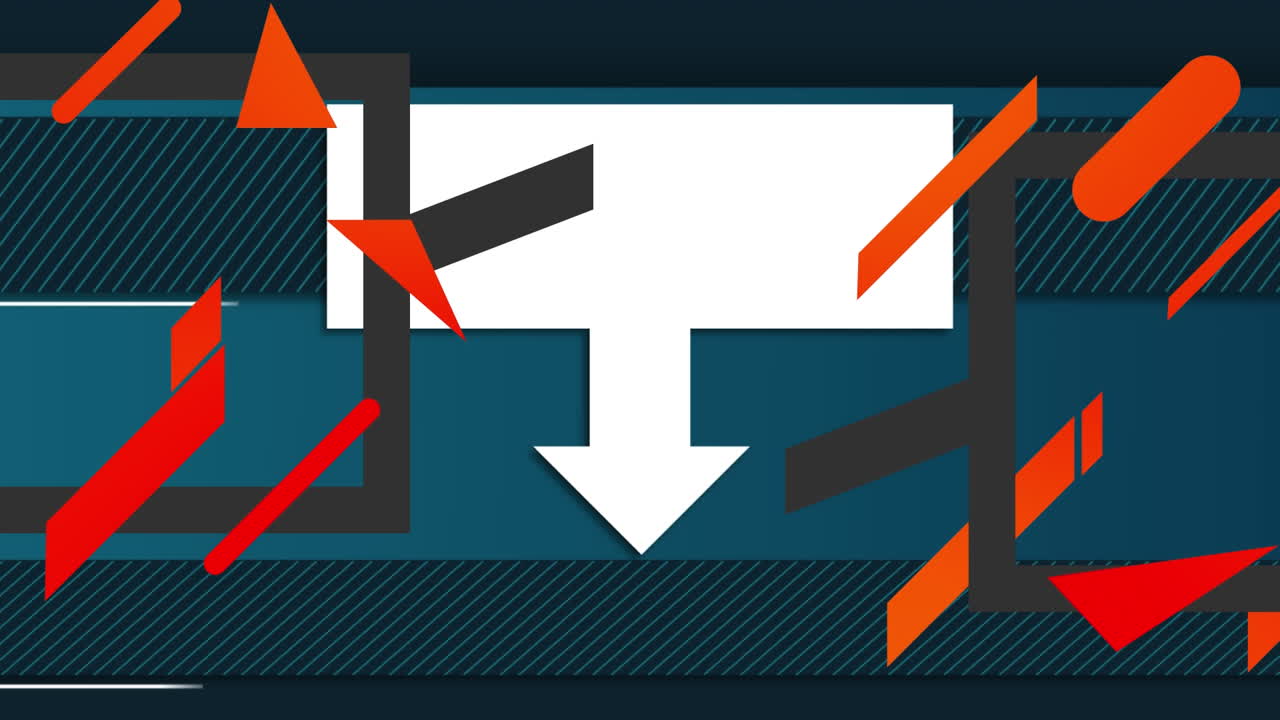 animación inspirada en videojuegos retro con una flecha blanca y formas abstractas.