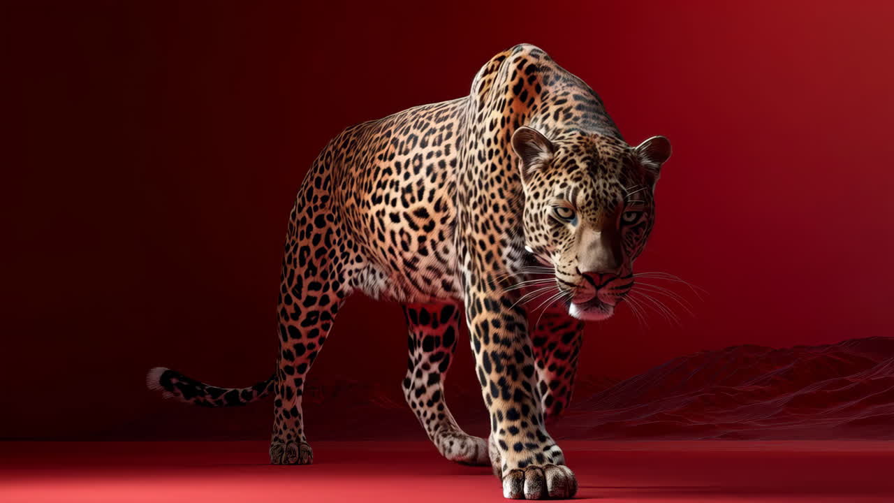A stunning agile leopard captured in dynamic motion against a striking red background