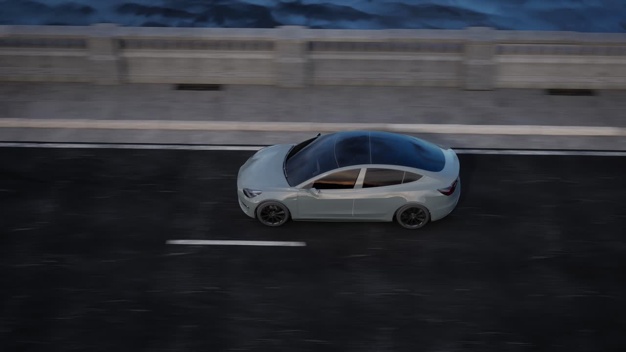 Electric Car Driving on a Bridge at Sunset