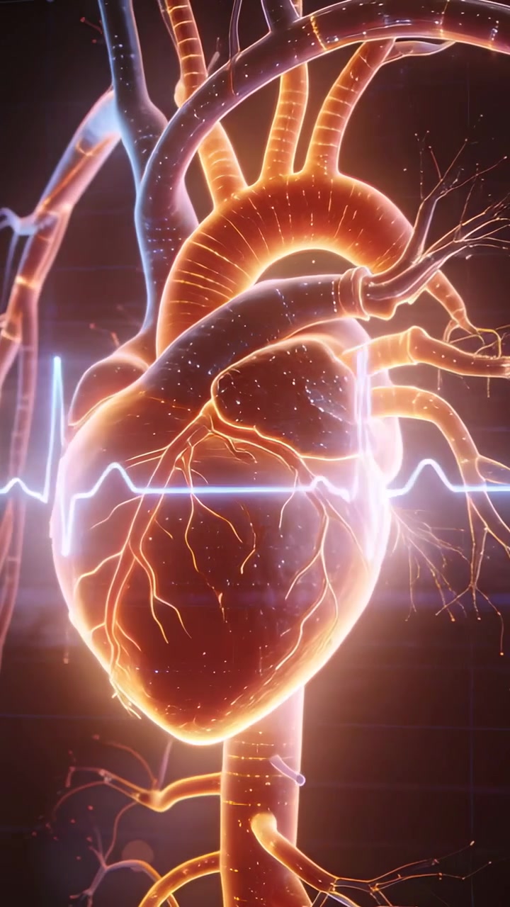 Video verticale: Cuore illuminato pulsante che ruota in un laboratorio buio, picco ECG che causa il monitoraggio del bagliore coronarico