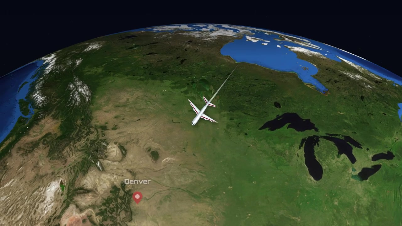 Satellite view animation tracks a commercial airplane flying from Doha to Denver across the globe