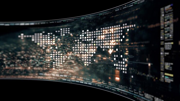Abstract particle motion with vibrant colors, digital flowing particles, VR, futuristic sci-fi, tech innovation, and immersive cyber space background