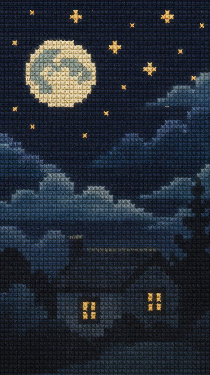 Pixel art style night scene with a full moon and stars over a house