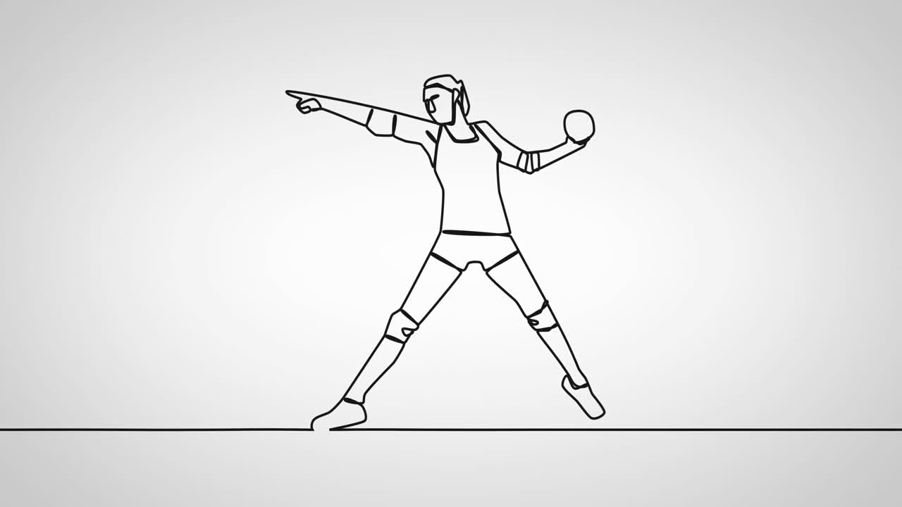 animación de dibujo de una jugadora de balonmano con una pelota sobre un fondo blanco.