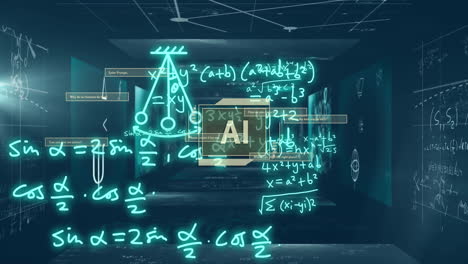 mathematical equations and ai text animation over futuristic hallway background