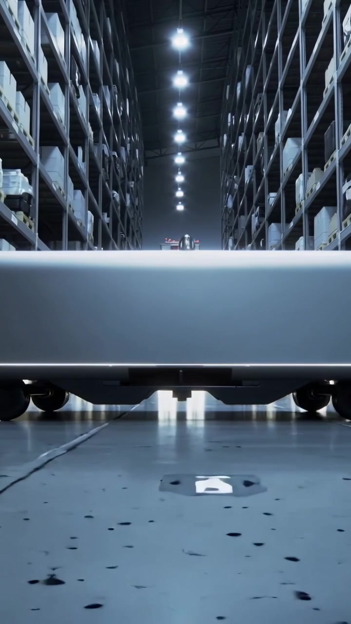 Vertical video: Moving robot after task, navigating warehouse aisle toward workers in hi-vis gear