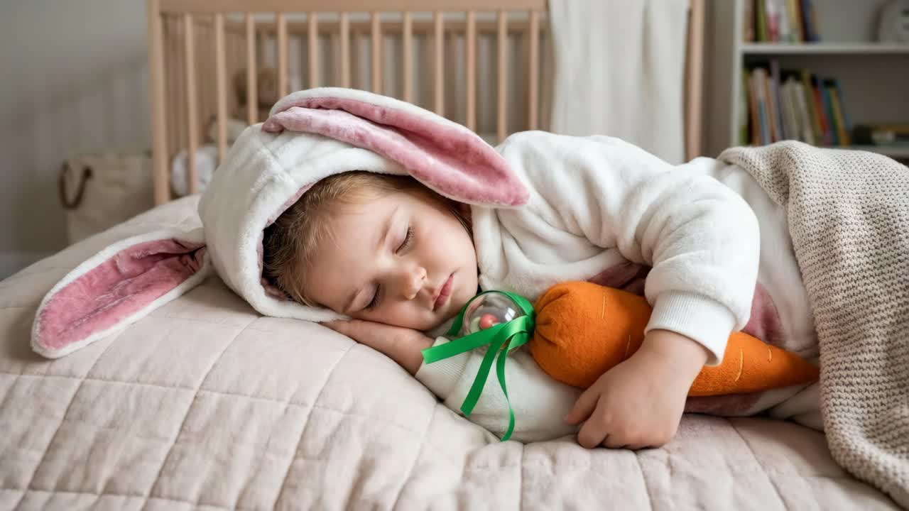 Child Sleeping in Bunny Costume with Carrot