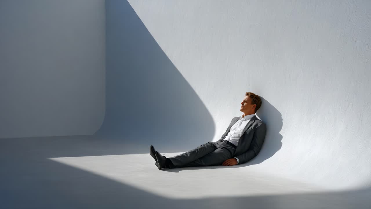 A contemplative man sits in the corner of a minimalist room, bathed in natural light creating dynamic shadows on the smooth walls, reflecting a moment of solitude and introspection