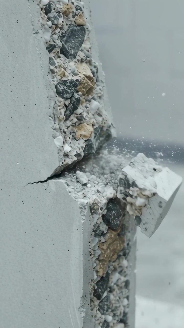 Vertikales Video: Eine Betonplatte reißt, der Riss breitet sich im Labor aus, dabei werden Block, Kieselsteine und Staub herausgeschleudert.