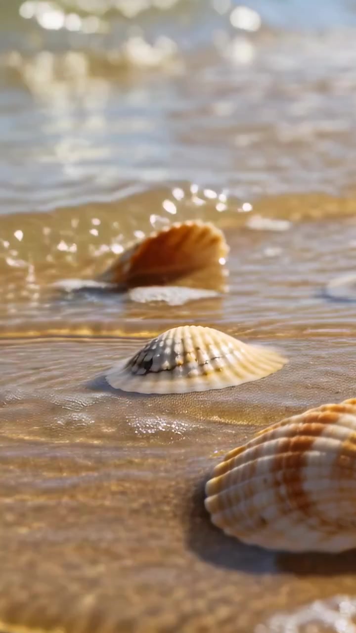 Vertical video: Washing small waves lapping over three scallop shells on wet sand, leaving foam