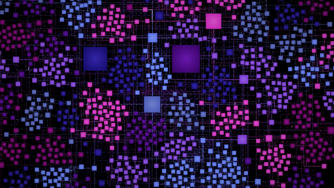 Beleuchtete violette und blaue digitale Datennetzwerk-Matrix pulsiert kontinuierlich in einem futuristischen Technologie-Motion-Background-Video