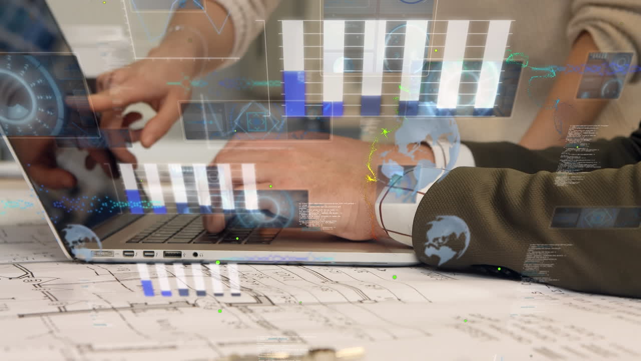 노트북을 통해 논의하는 남성과 여성의 중간 섹션에서 통계 데이터 처리의 애니메이션