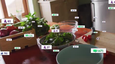 fresh vegetables on kitchen counter with animation of social media icons floating