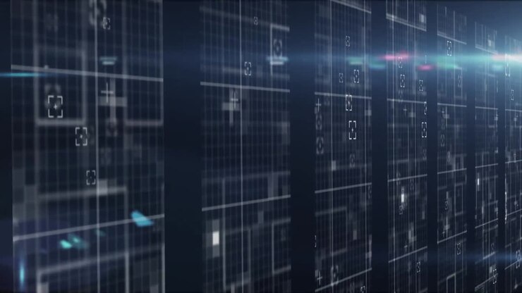 Animation of data processing over dark background