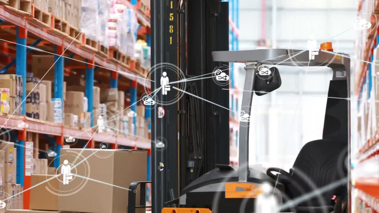 animación de redes de conexiones con iconos sobre el almacén