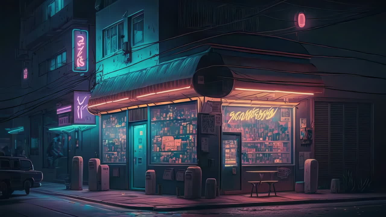 Neon-Lit Storefront on a Night City Street
